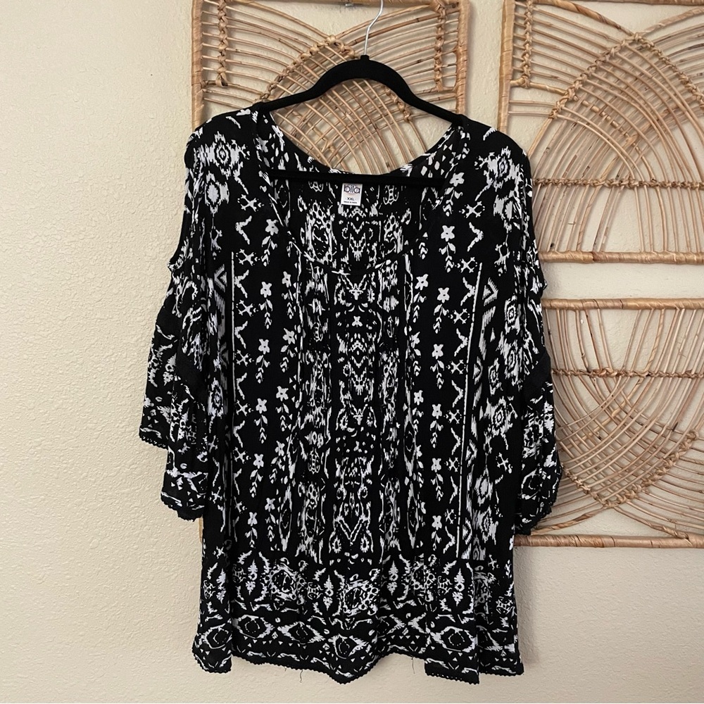Bila‎ Boho Print Top Blouse Black White Lace Trim Cold Shoulder Sz XXL B2